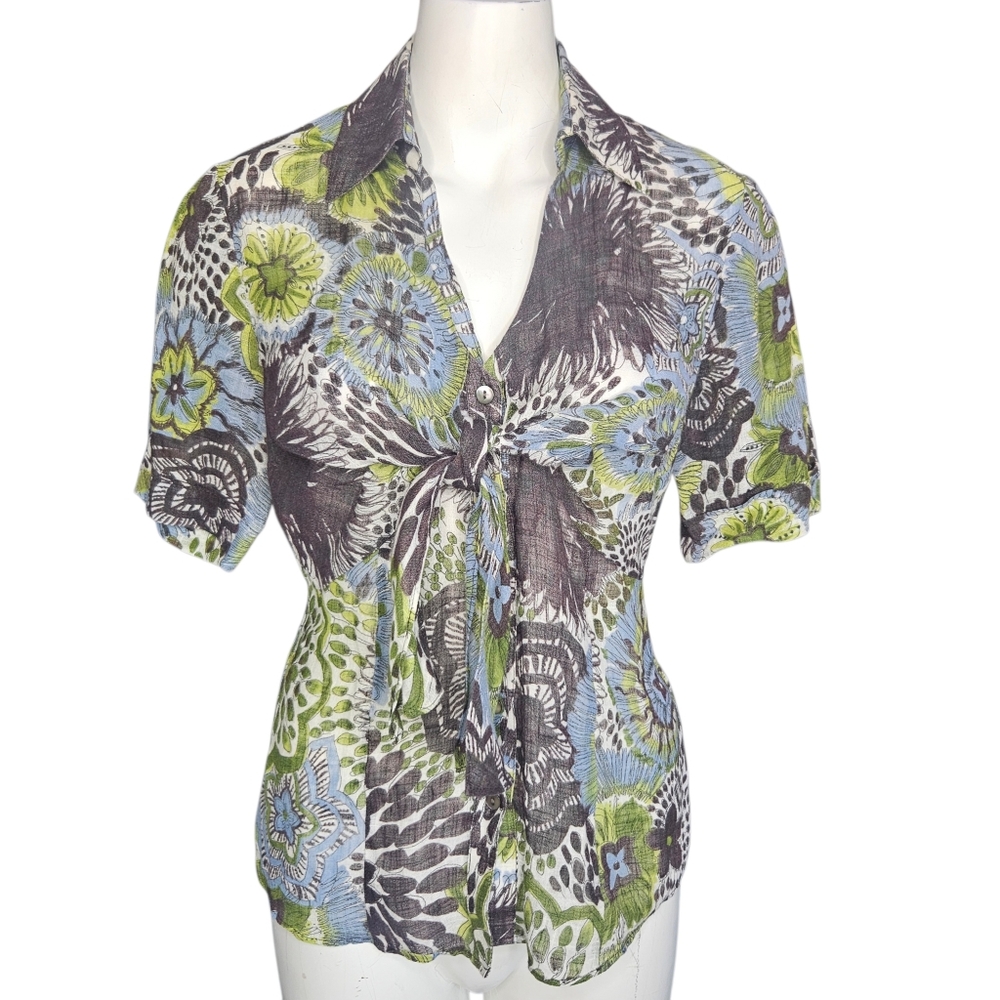 Lafayette 148 Floral Print Tie Front Linen Blend Blouse Sz 4 Summer Resort
